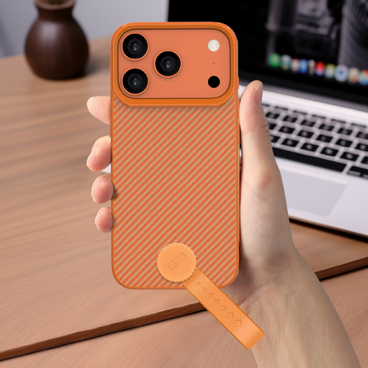 LZEL MagCarbon Strap Carbon Design with 360° Grip and Raised-Edge Protection Back Cover for iPhone 17 Pro Max - Orange