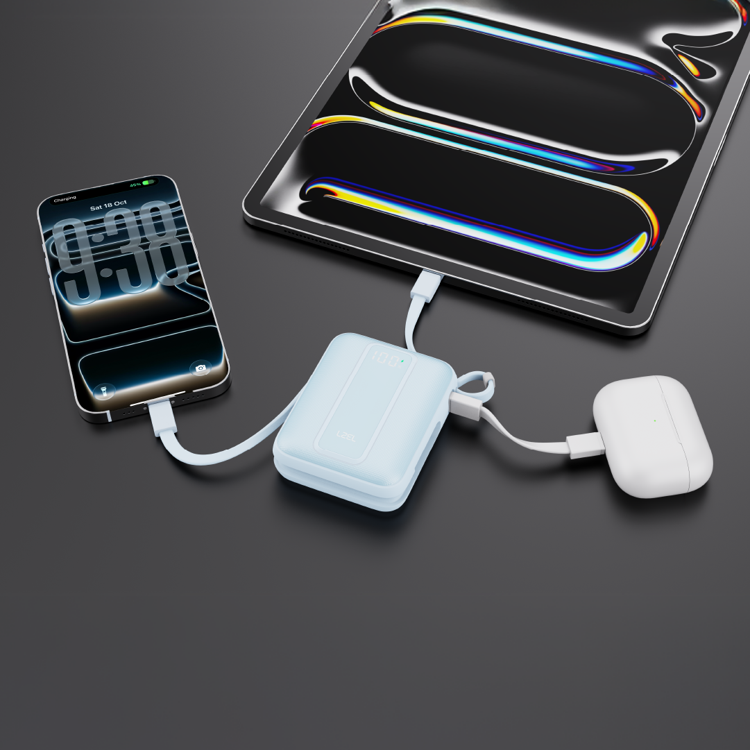 LZEL AMPNEO1O Mini 10000mAh PD Power Bank 30W | Built-in Type-C &amp; Lightning Cable | Type-C Input/Output