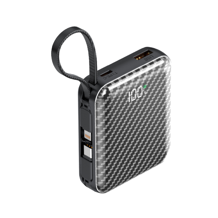 Asli Global Chargeflux Mini Super Fast Charge Powerbank With Built-In Type-C & Lightning Cable | Black