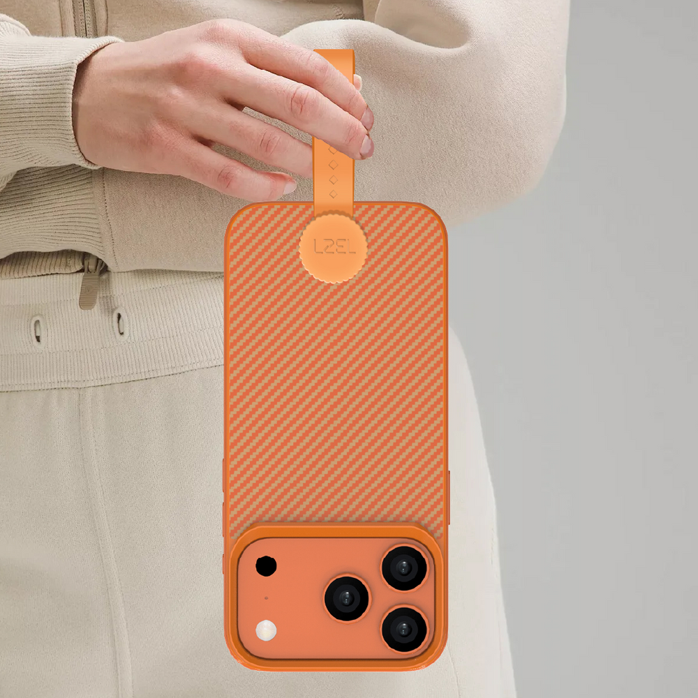 LZEL MagCarbon Strap Carbon Design with 360° Grip and Raised-Edge Protection Back Cover for iPhone 17 Pro - Orange