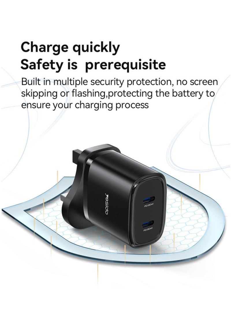 YESIDO-20W QUICK HOME CHARGER WITH USB C TO TYPE C CABLE-BLACK