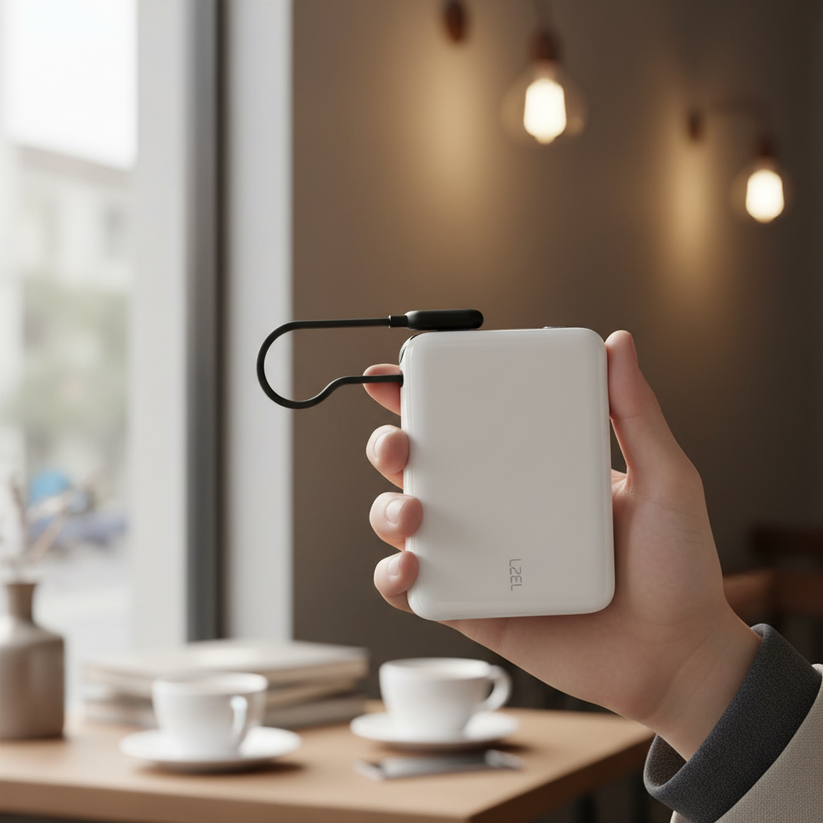 LZEL PrimeBrio 10K Mini PD Power Bank – 10000mAh, 30W, Built-in Type-C Cable - White
