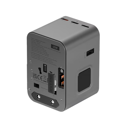 Energea Travelworld 3-Port USB-C and 2-Port USB-A 45W PD Travel Adapter - Gunmetal