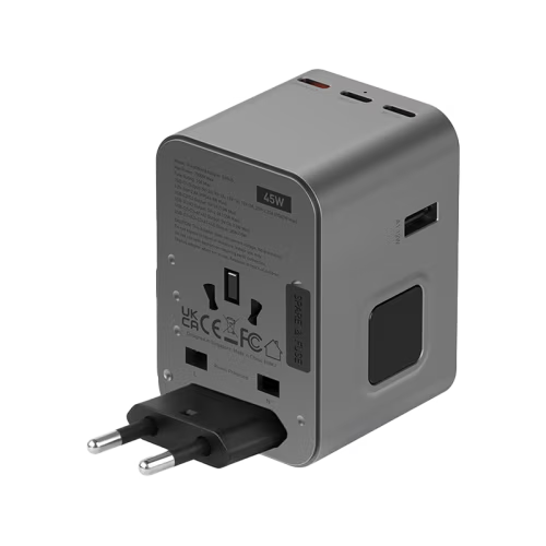 Energea Travelworld 3-Port USB-C and 2-Port USB-A 45W PD Travel Adapter - Gunmetal