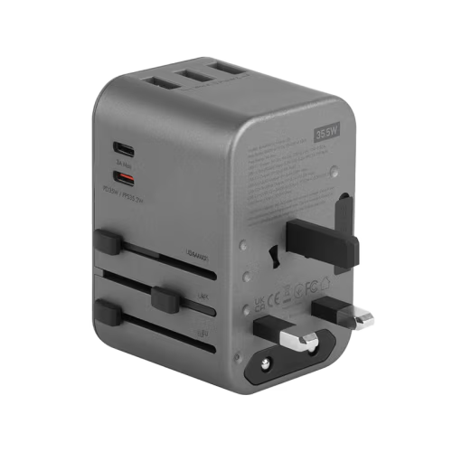 Energea Travelworld 2-Port USB-C and 3-Port USB-A 35W PD Travel Adapter - Gunmetal