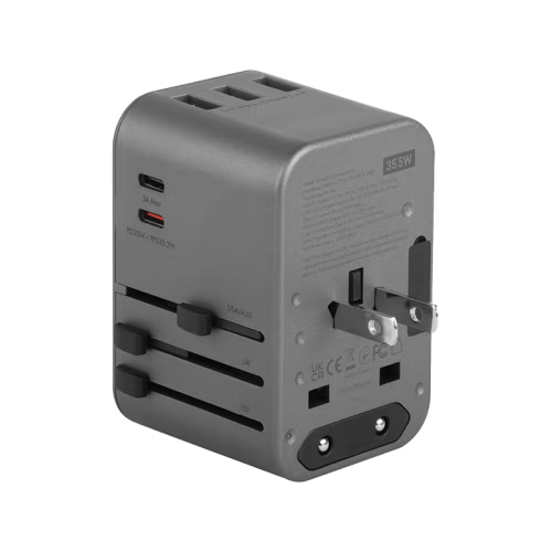 Energea Travelworld 2-Port USB-C and 3-Port USB-A 35W PD Travel Adapter - Gunmetal