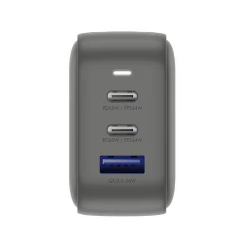 Energea TravelWorld 2-Port USB-C PD and 1-Port USB-A GaN 66W Travel Adapter - Gunmetal