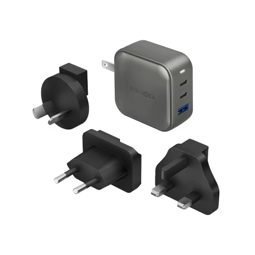 Energea TravelWorld 2-Port USB-C PD and 1-Port USB-A GaN 66W Travel Adapter - Gunmetal