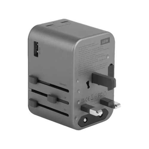 Energea Travelworld 2-Port USB-C and 1-Port USB-A GaN 65W Travel Adapter - Gunmetal