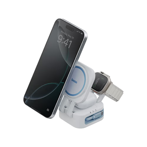 Bazic GoMag Station Mini 3 in 1 Foldable Magnetic Wireless Charger With Apple Watch & Airpods Charging - White