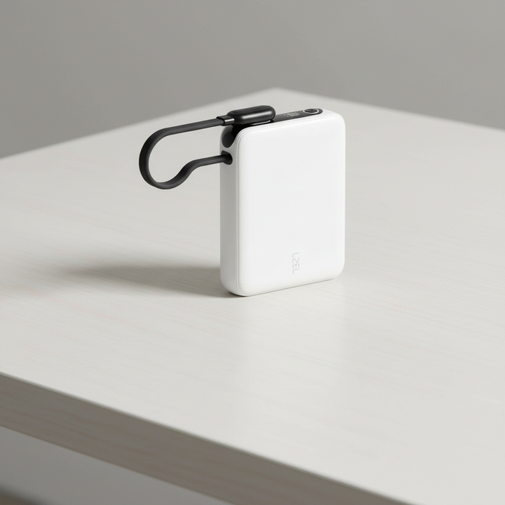 LZEL PrimeBrio 10K Mini PD Power Bank – 10000 مللي أمبير، 30 وات، كابل USB-C مدمج - أبيض