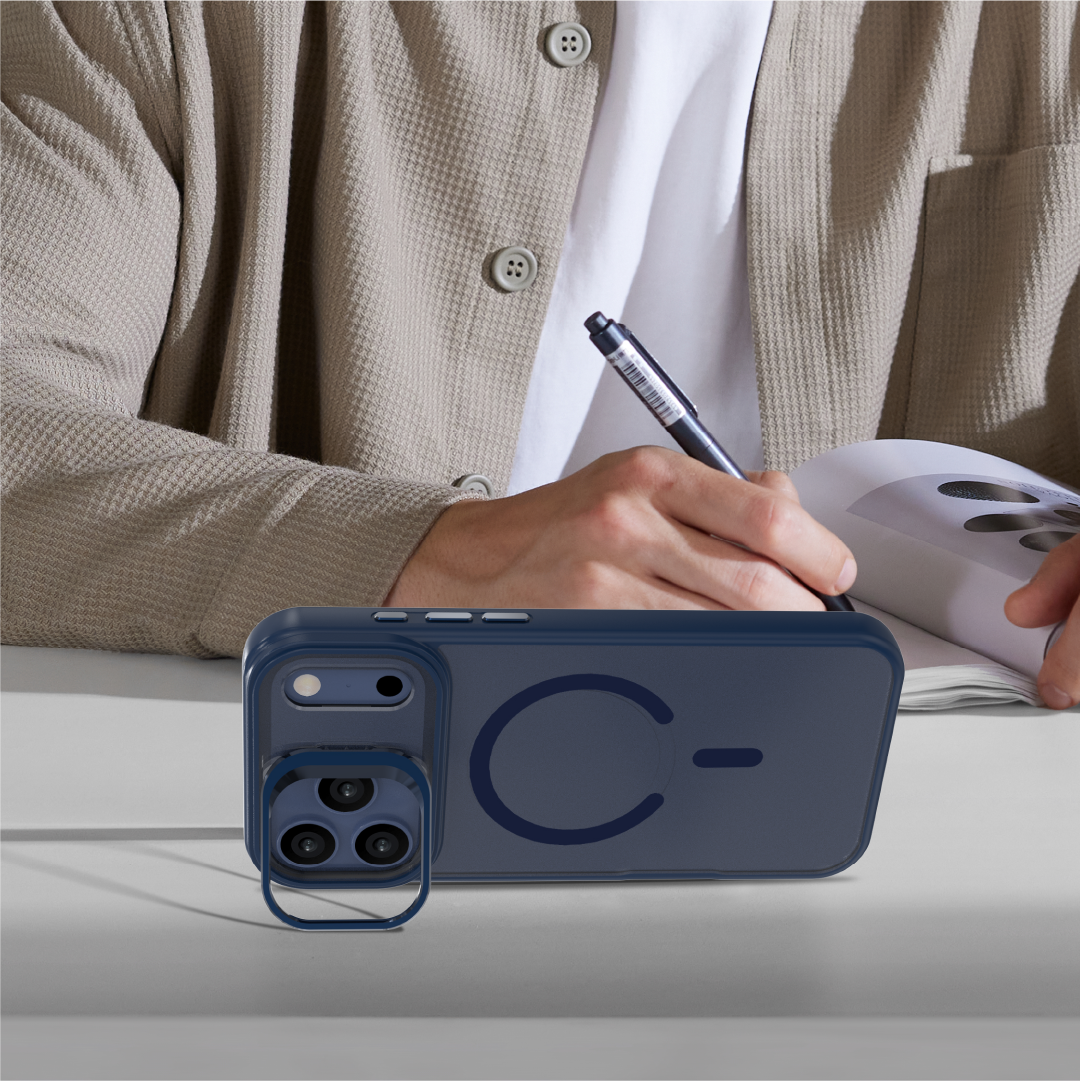 LZEL Magcamstand Soft Oil-coating Case With Adjutable Camera Stand Case For IPhone 17 Pro - Dark Blue