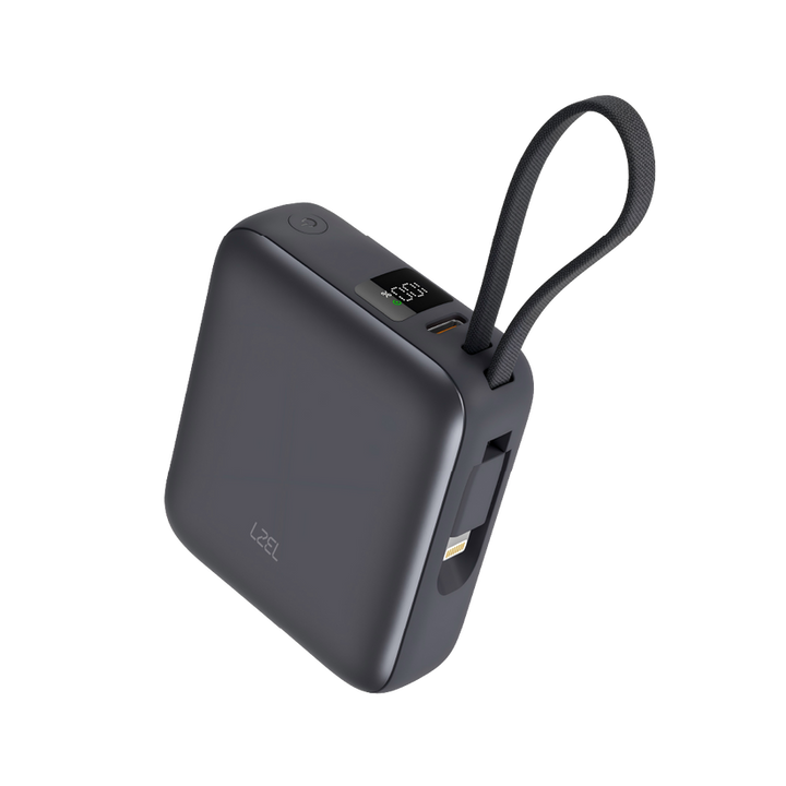 بطارية متنقلة LZEL Neurode Sync Mini بسعة 10000 مللي أمبير في الساعة، تدعم الشحن السريع PD 3.0 و QC 3.0 بقوة 22.5 واط، مع كابلات USB-C و Lightning مدمجة – لون رمادي