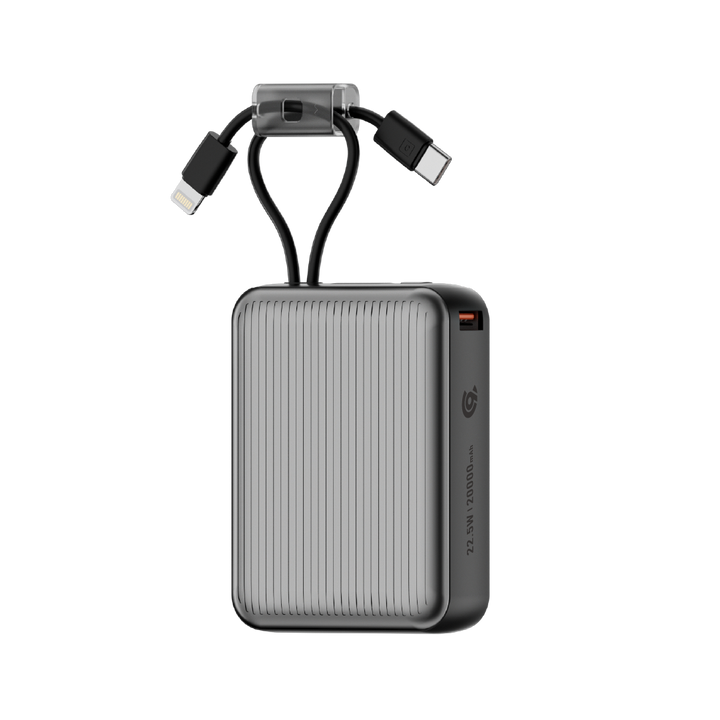 90 Percent Primcore Neo 22.5W Dual Built-In Cables Power Bank Powerdelivery | Qc 3.0 | Usb-C & Usb-A, And With Lightning | Gray