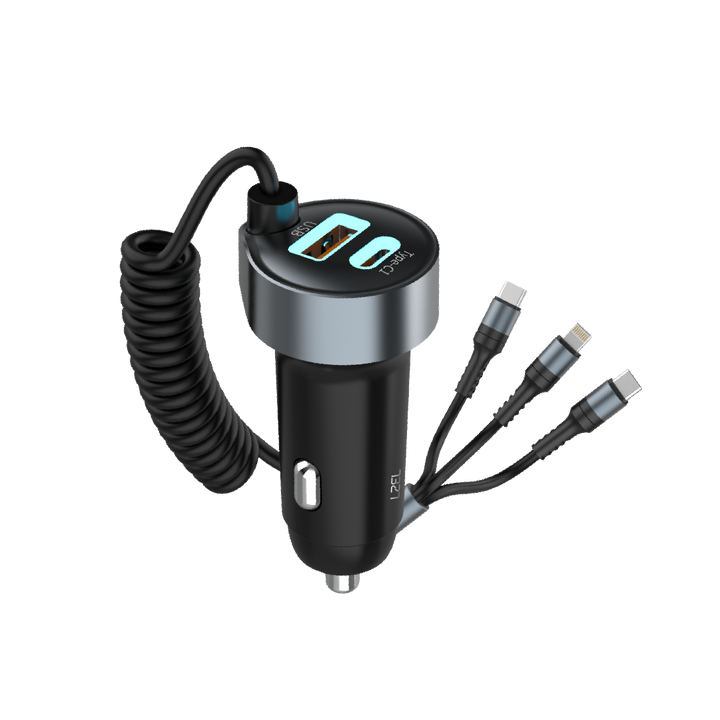 LZEL PulseCharge Pro3 50W Dual Port - USB C PD & USB A - Car Charger with Built in Cables