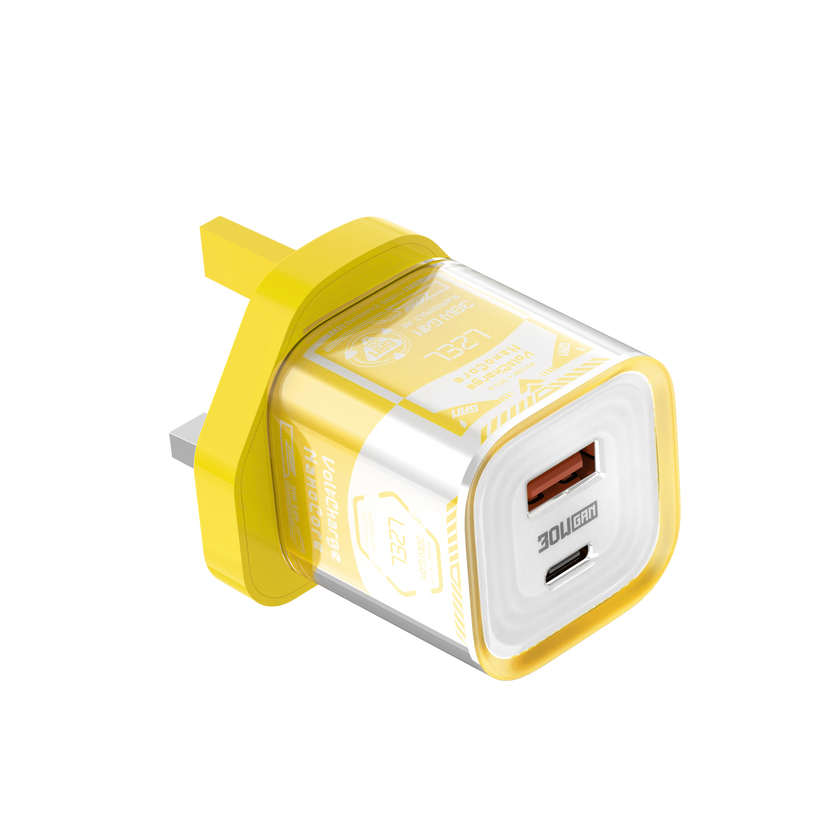 LZEL VoltCharge NanoCore – 30W GaN Transparent Wall Charger - Yellow