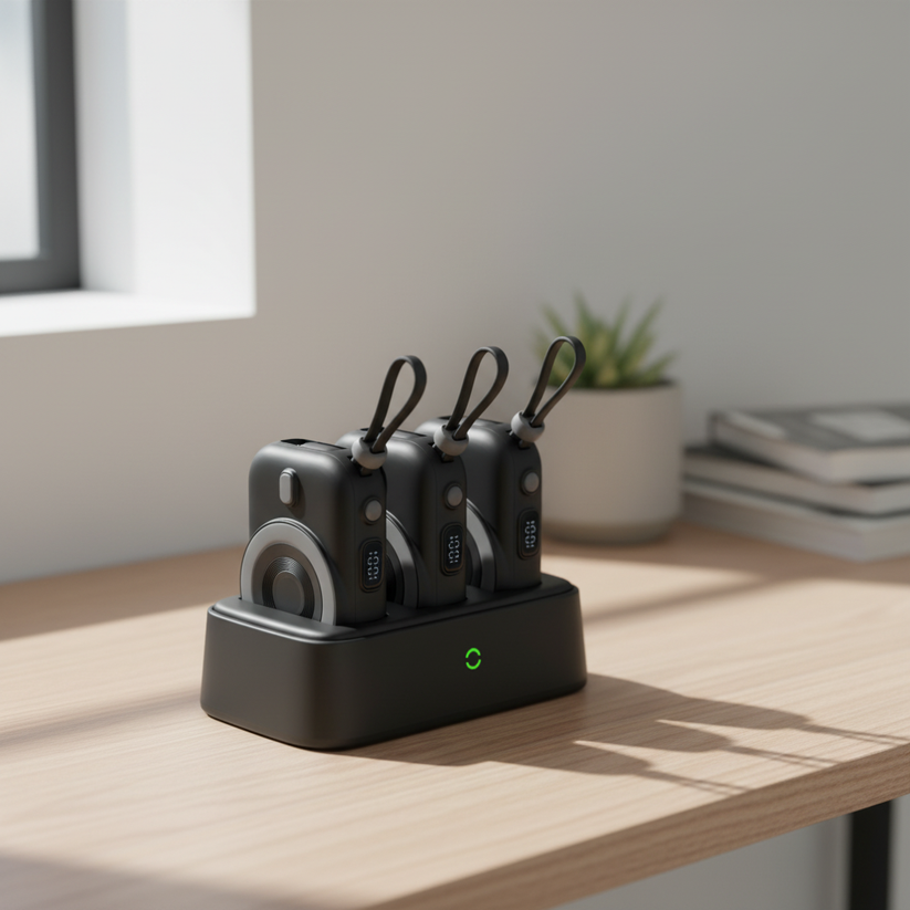 LZEL TrioEnergia Station - Trio 10,000mAh Wireless Power Bank & Charging Dock With Built-in Cable - Black