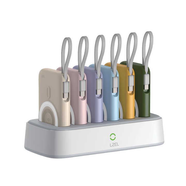 LZEL HexaEnergia Station 6x Wireless Powerbank Charging Dock - 10000mAh Full Battery - Built-in Cable - White
