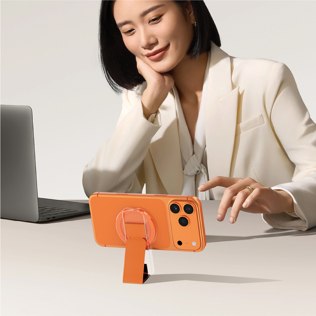 ASLI Magnetic Band Leather Grip & Foldable Stand 2-in-1 Functional Design - Orange