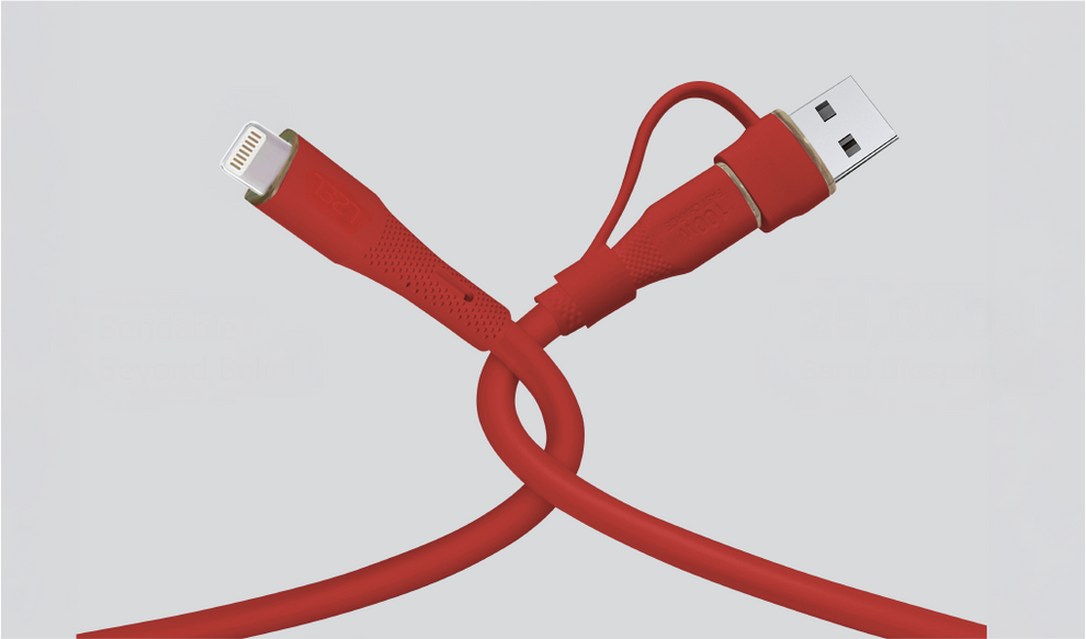 LZEL Celeris PowerDuo 2-in-1 USB-C to Lightning 27W Silicone Cable (2m) with Built-In USB-A Connector – Red