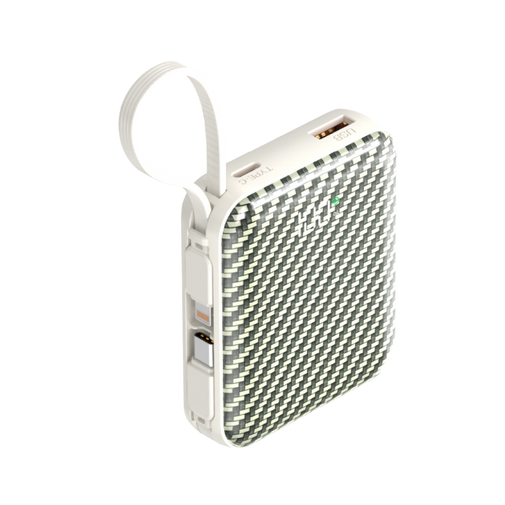 Asli Global Chargeflux Mini Super Fast Charge Powerbank With Built-In Type-C & Lightning Cable | White