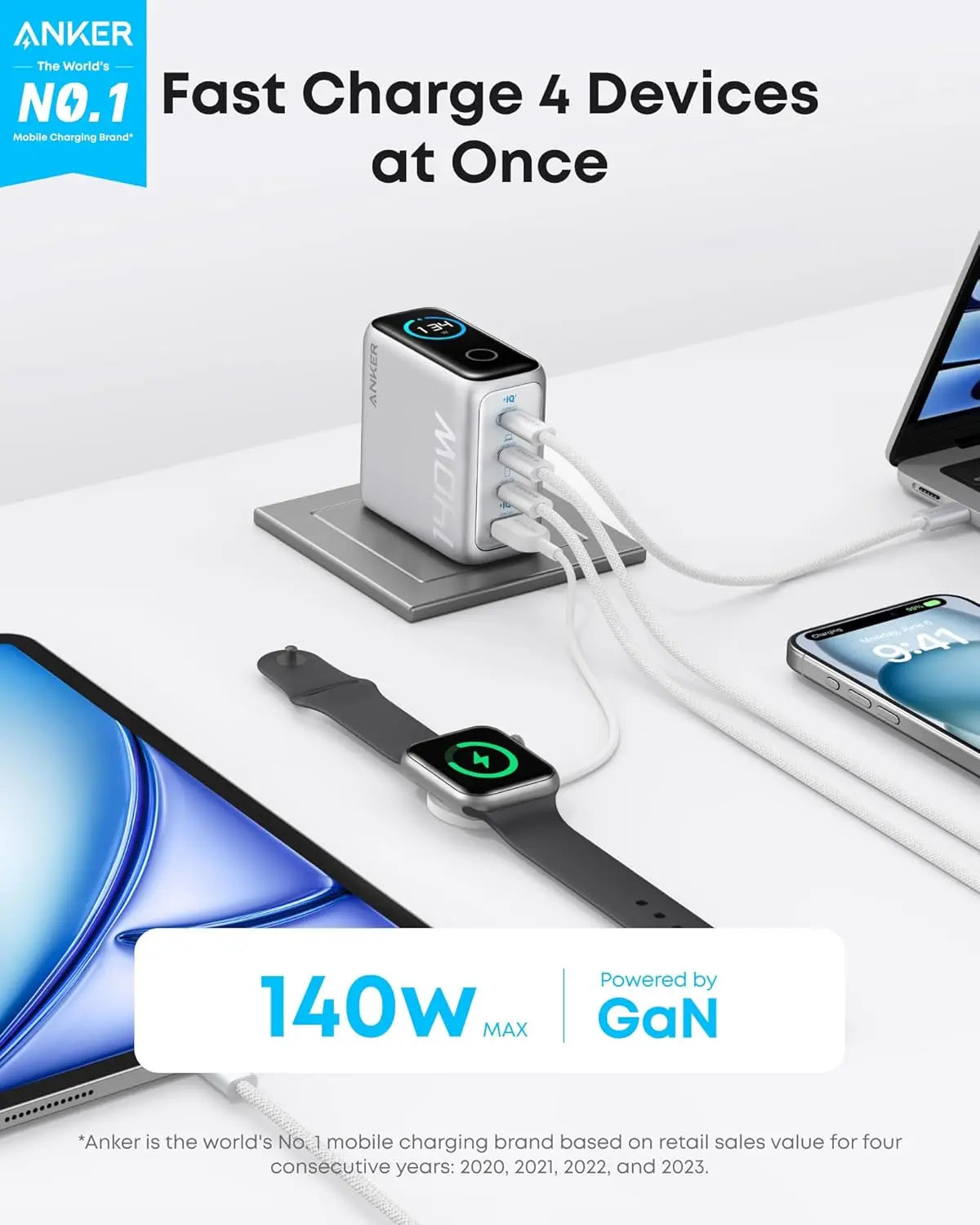 Anker Charger 140W 4-Port PD 3.1 With USB-C Cable - Silver