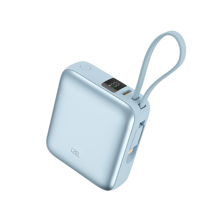 LZEL Neurode Sync Mini 10000mAh PD 3.0 & QC 3.0 باور بانك 22.5 واط، كابلات USB-C وLightning مدمجة - أزرق