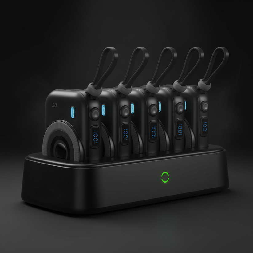 LZEL PentaEnergia Station - 5X 10,000mAh Wireless Power Bank & Charging Dock with Built-in Cable - Black