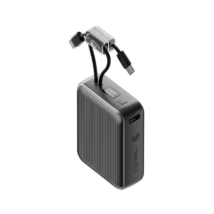 90 Percent Primcore Neo 22.5W Dual Built-In Cables Power Bank Powerdelivery | Qc 3.0 | Usb-C & Usb-A, And With Lightning | Gray