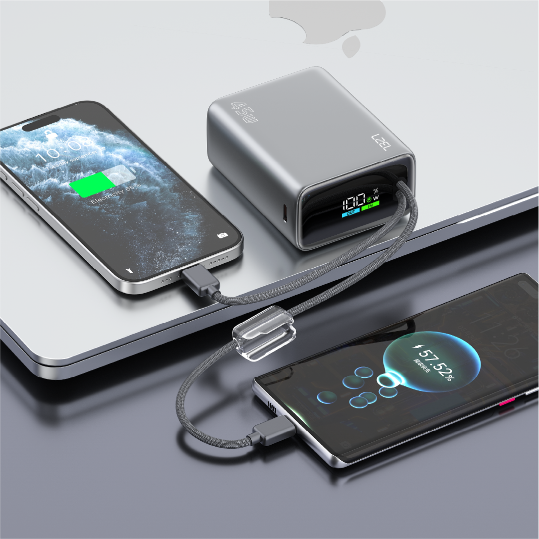 LZEL Neurovolt 15K Pd45W Mini Power Bank Pd3.0 & Qc3.0 | Usb-C Cable & Lightning Cable | Gray