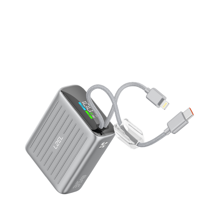 LZEL Neurode 10K Pd 35W Mini Power Bank Pd3.0 & Qc3.0 | Usb-C Cable & Lightning Cable | Silver