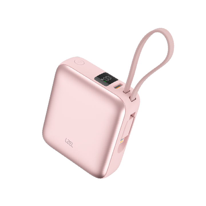 بطارية متنقلة LZEL Neurode Sync Mini بسعة 10000 مللي أمبير في الساعة، شحن سريع PD 3.0 و QC 3.0، بقوة 22.5 واط مع كابلات مدمجة USB-C و Lightning – لون وردي
