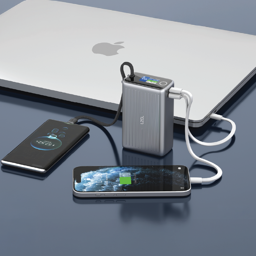 LZEL Neurode Sync 20000mAh PD 3.0 & QC 3.0 Power Bank - 65W - Built-In USB-C Cable - Gray