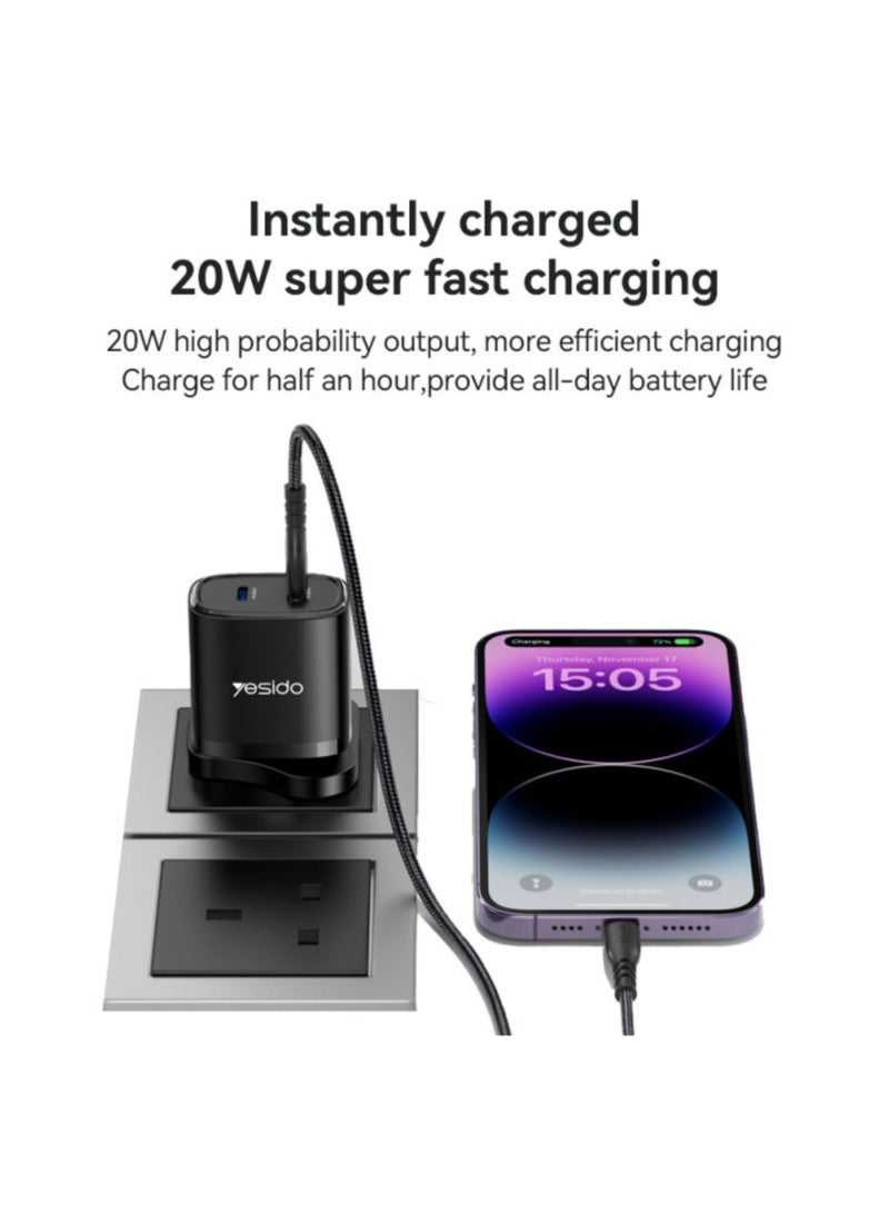 YESIDO-20W QUICK HOME CHARGER WITH USB C TO TYPE C CABLE-BLACK
