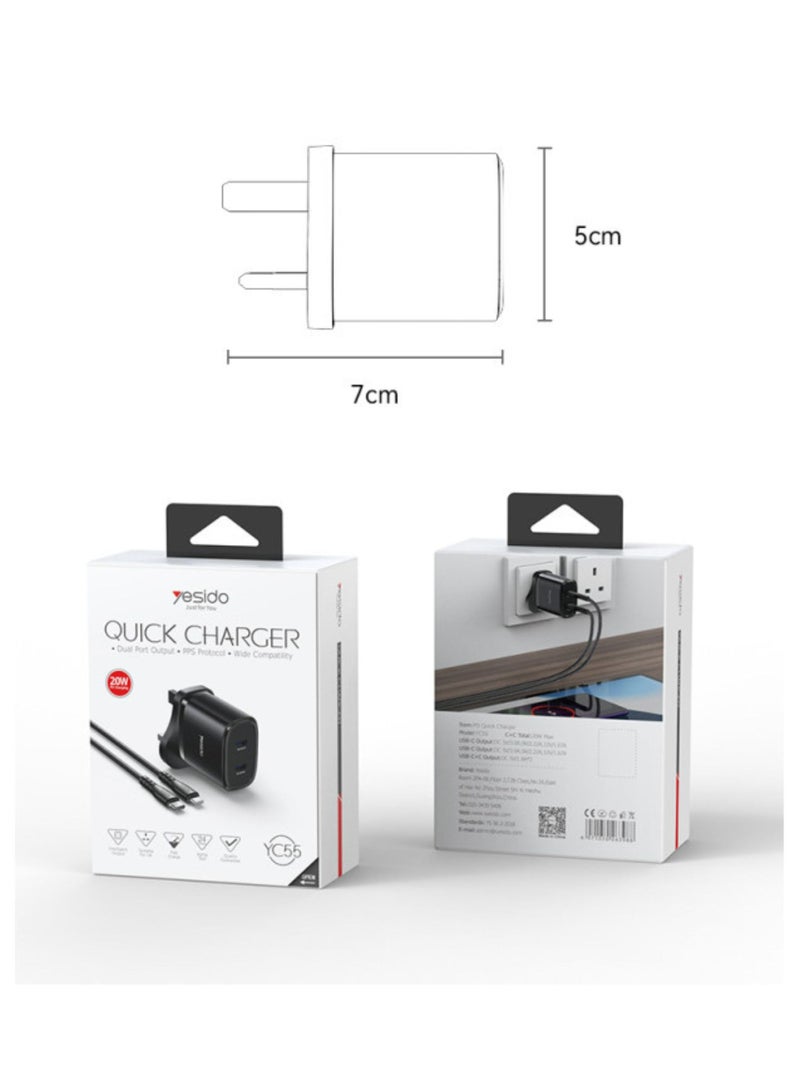 YESIDO-20W QUICK HOME CHARGER WITH USB C TO TYPE C CABLE-BLACK