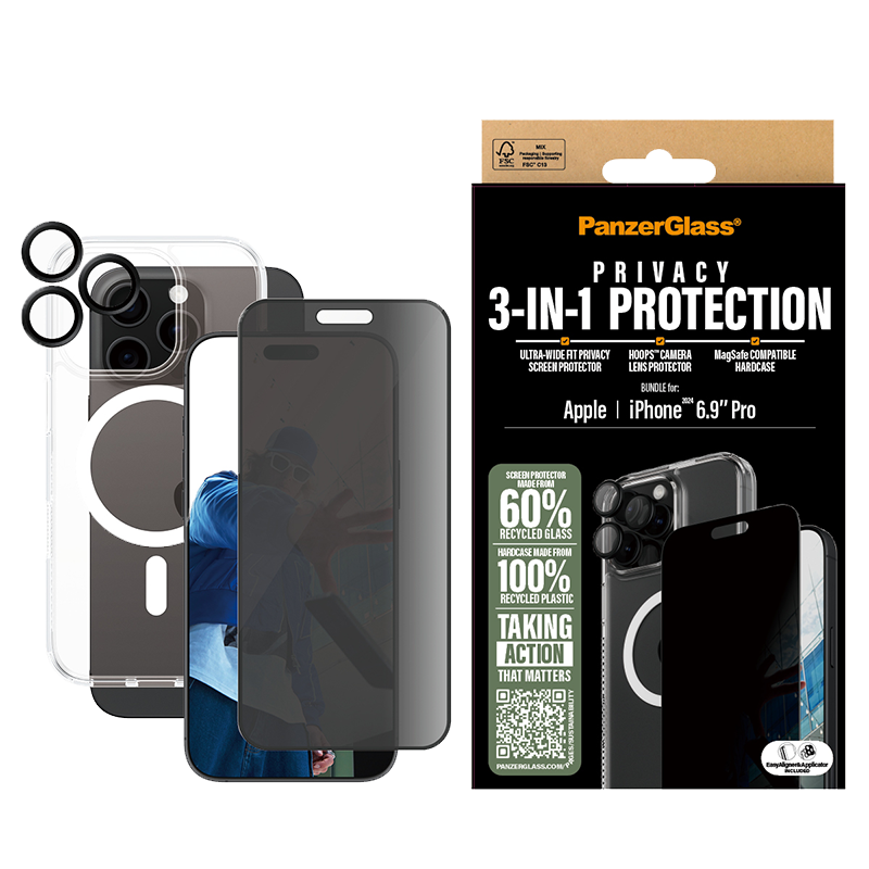 PanzerGlass® B1294+P2864+1284, 3-in-1 Privacy Protection Bundle PG Ultra Wide Fit Privacy SP | Hoops™ | HardCase for iPhone 16 Pro Max