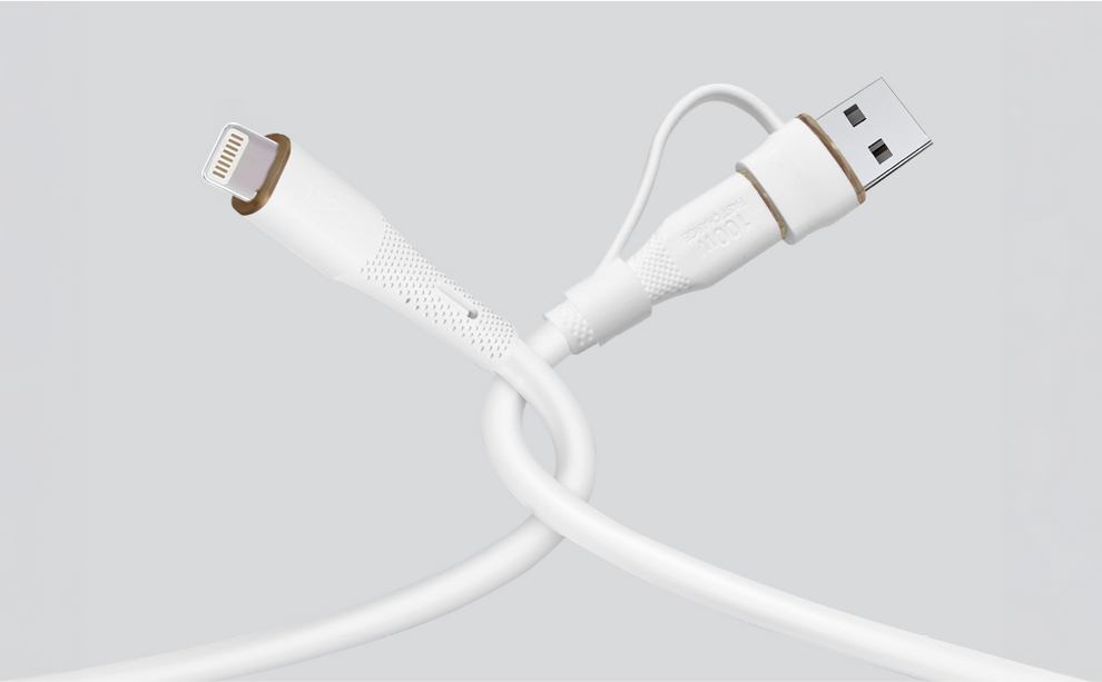 LZEL Celeris PowerDuo 2-in-1 USB-C to Lightning 27W Silicone Cable (30cm) with Built-In USB-A Connector – White