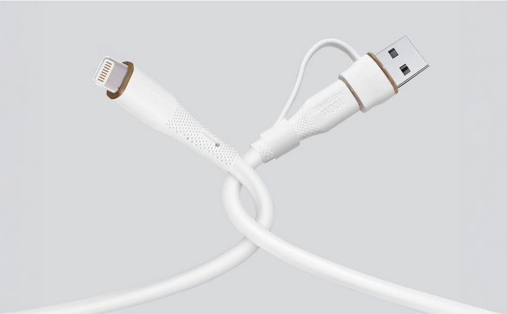 LZEL Celeris PowerDuo 2-in-1 USB-C to Lightning 27W Silicone Cable (30cm) with Built-In USB-A Connector – White