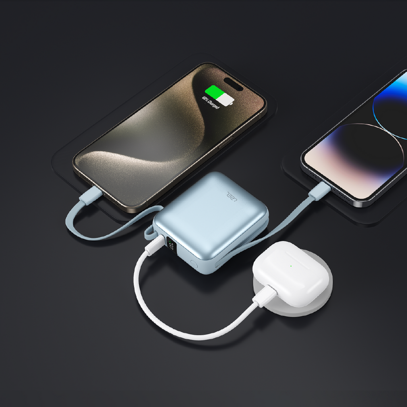 LZEL Neurode Sync Mini 10000mAh PD 3.0 & QC 3.0 Power Bank 22.5W,  Built-In USB-C & Lightning Cables – Blue