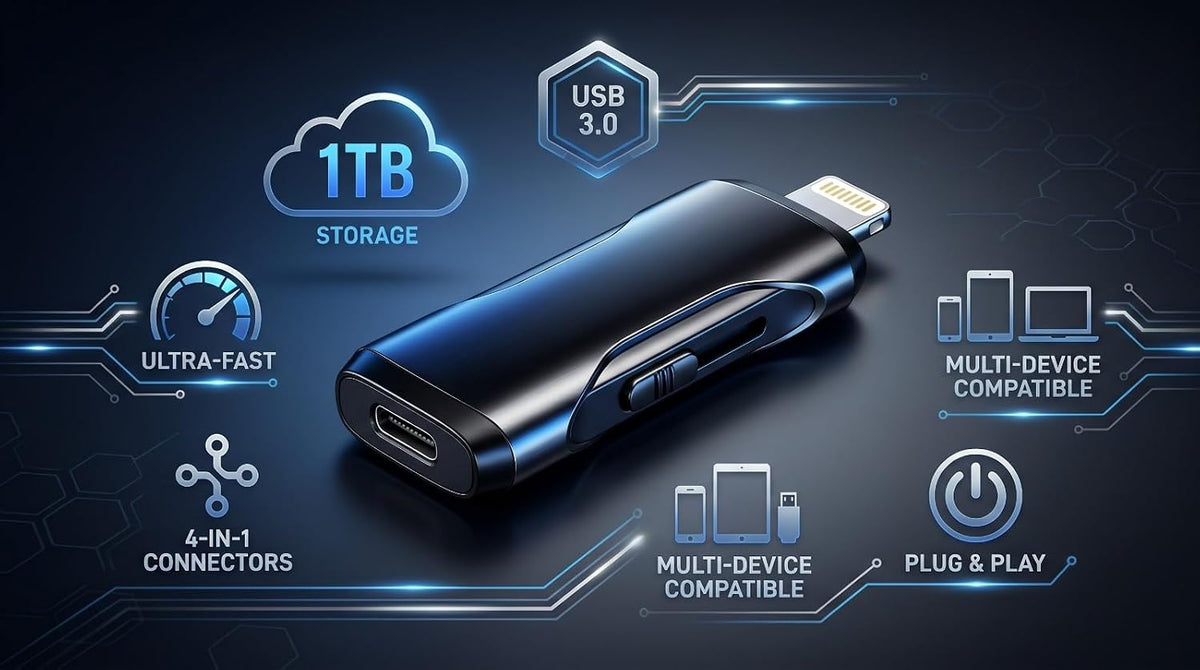 1TB 4-in-1 Flash Drive for iPhone, Android PC High-Speed USB Pen Drive with Lightning Type-C Micro USB Connector