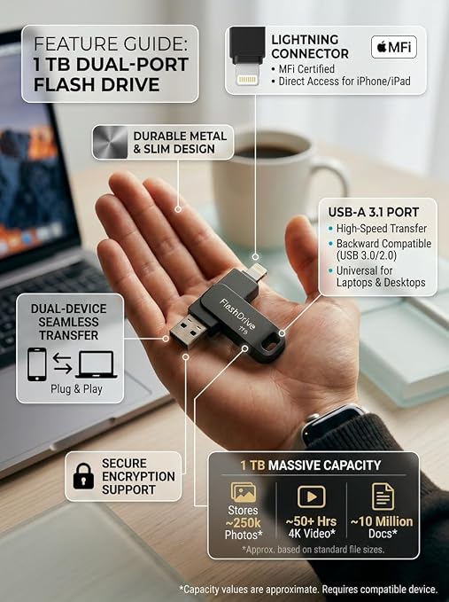 1TB 4-in-1 Flash Drive for iPhone, Android PC High-Speed USB Pen Drive with Lightning Type-C Micro USB Connector