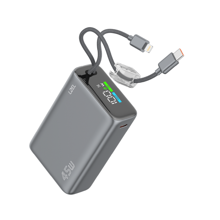 LZEL Neurode 20K Pd45W Mini Power Bank Pd3.0 & Qc3.0 | Usb-C Cable & Lighting Cable | Gray