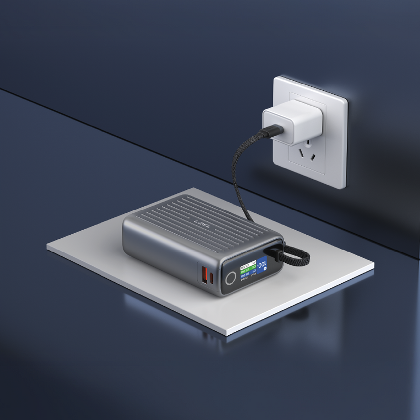 LZEL Neurode Sync 20000mAh PD 3.0 & QC 3.0 Power Bank - 65W - Built-In USB-C Cable - Gray
