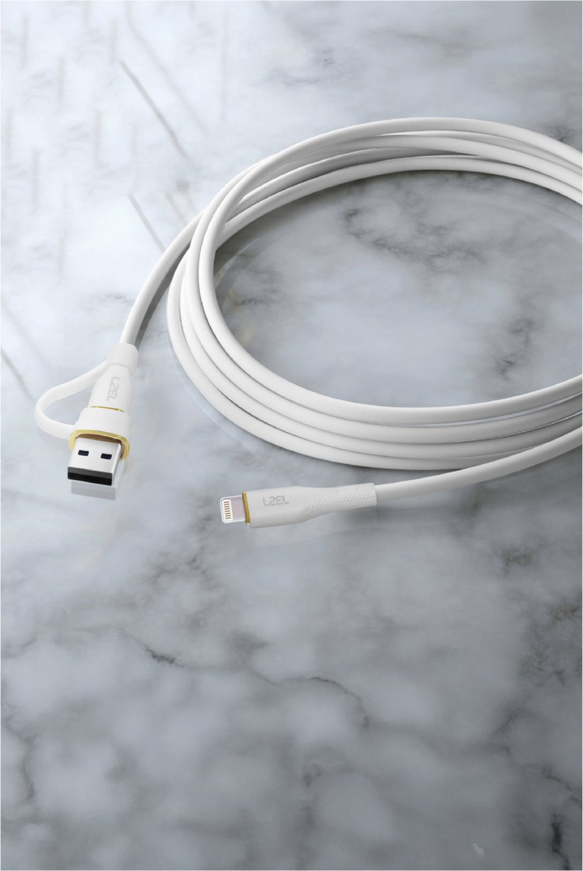 LZEL Celeris PowerDuo 2-in-1 USB-C to Lightning 27W Silicone Cable (30cm) with Built-In USB-A Connector – White