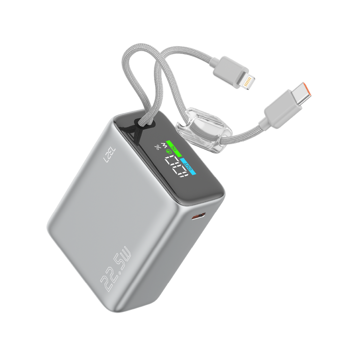 LZEL Neurovolt 15K Pd22.5W Mini Power Bank Pd3.0 & Qc3.0 | Usb-C Cable & Lightning Cable | Silver