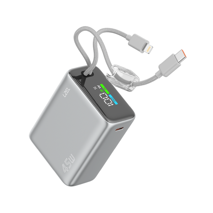 LZEL Neurovolt 15K Pd45W Mini Power Bank Pd3.0 & Qc3.0 | Usb-C Cable & Lightning Cable | Silver