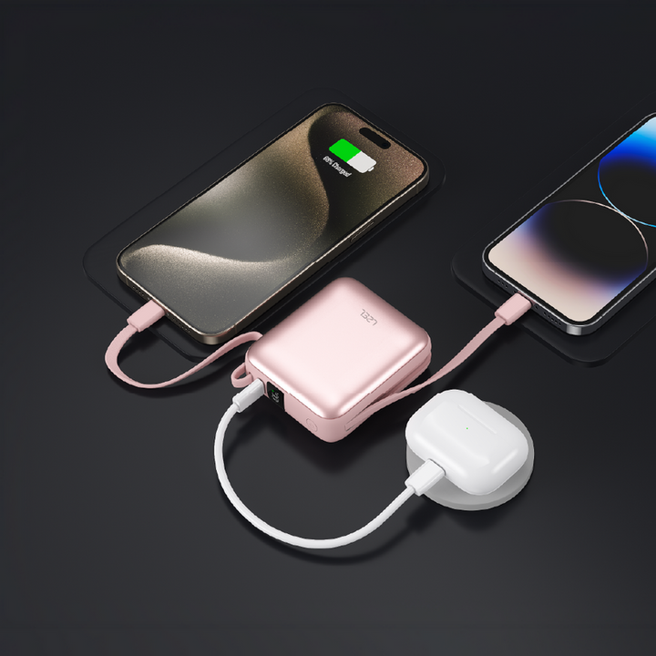 بطارية متنقلة LZEL Neurode Sync Mini بسعة 10000 مللي أمبير في الساعة، شحن سريع PD 3.0 و QC 3.0، بقوة 22.5 واط مع كابلات مدمجة USB-C و Lightning – لون وردي