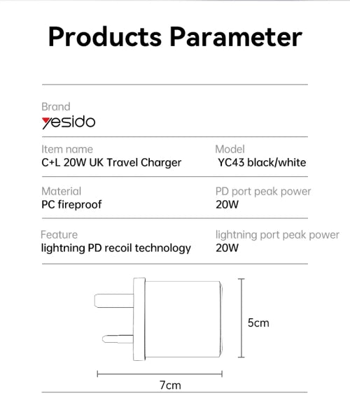 Yesido-20W Quick Home Charger with USB-C to Lightning Cable – White YC43