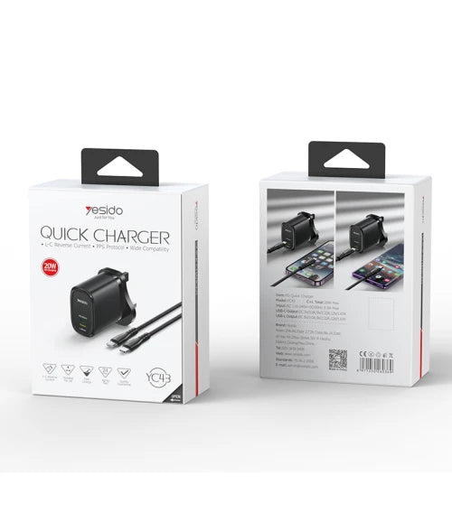 Yesido-20W Quick Home Charger with USB-C to Lightning Cable – White YC43