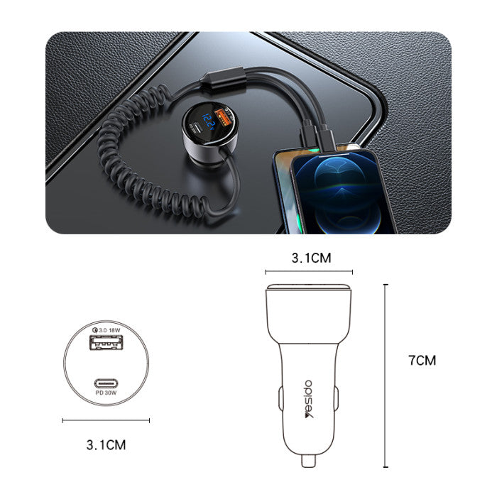 Yesido-60W Car Charger with Lightning + USB-C Cable